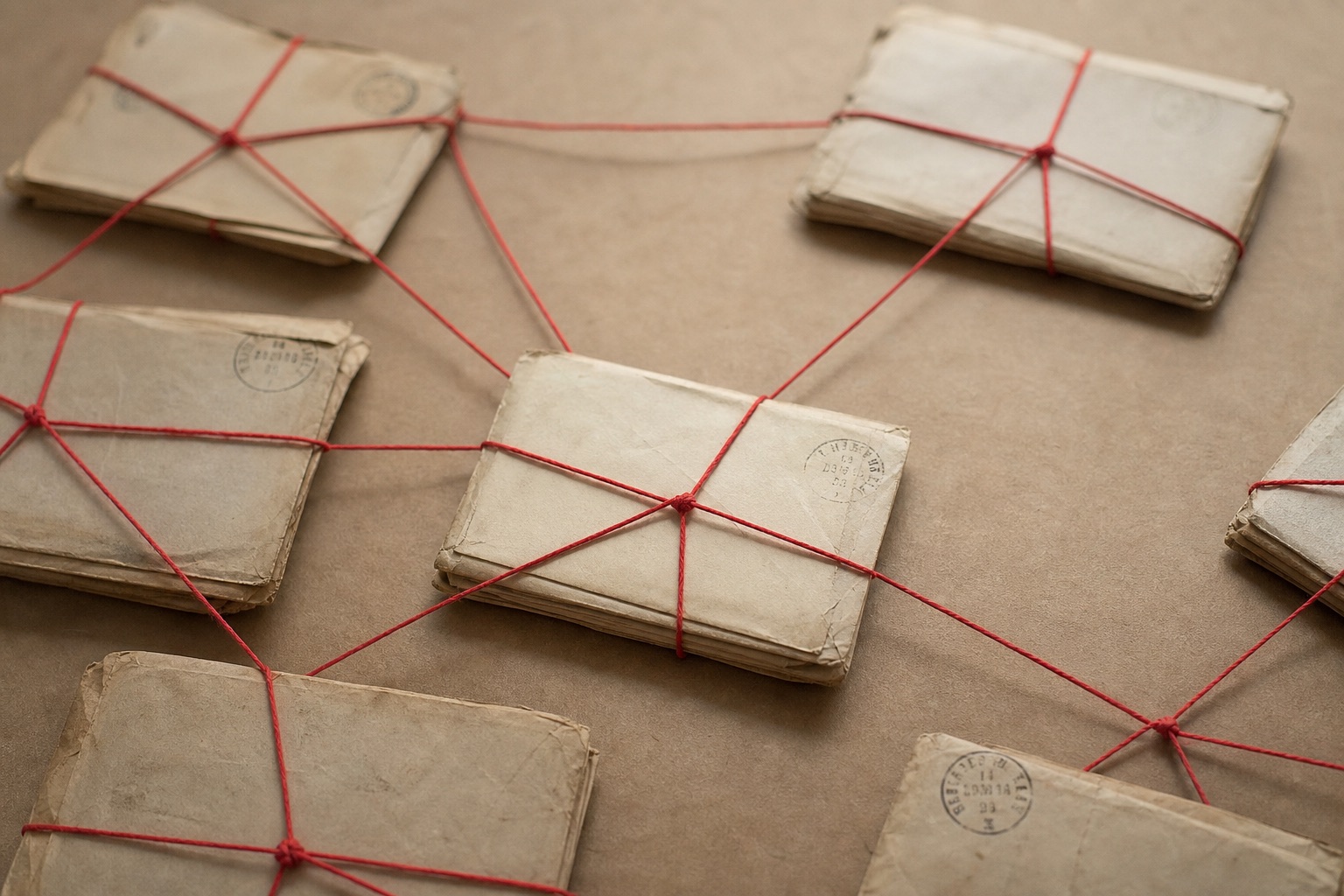 Vieilles enveloppes de papier reliées par du fil rouge formant une ligne de réseau, sur fond papier kraft