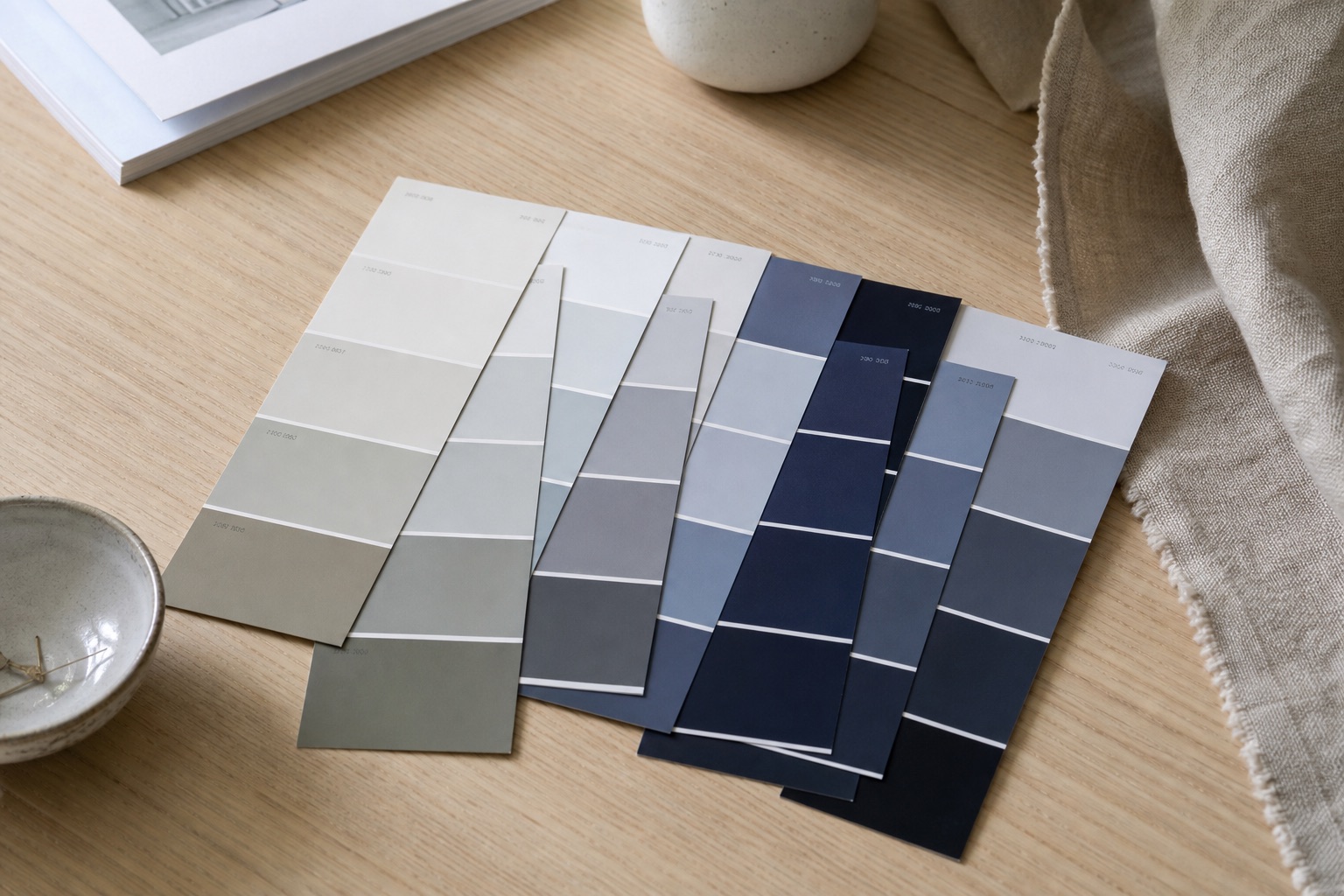 Nuanciers de couleurs indigo et neutres éventailés sur un bureau clair, échantillons papier aux codes illisibles