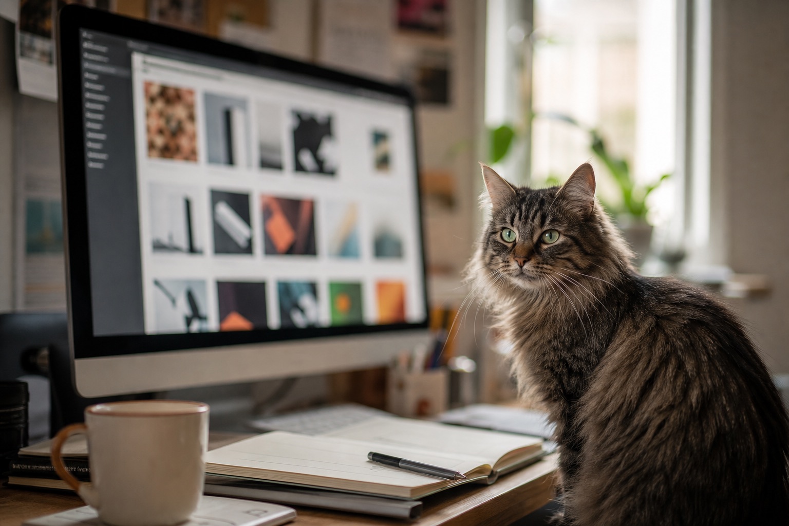 Écran montrant une grille de portfolio abstraite et floue sur un bureau de créatif avec carnet et tasse, lumière du matin